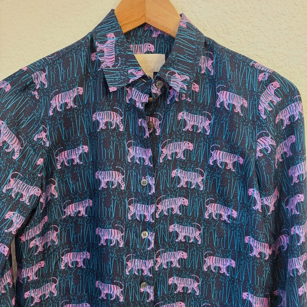 J Crew Collection Silk Tiger Print Blouse Top 00 Maximalist Statement Button Up